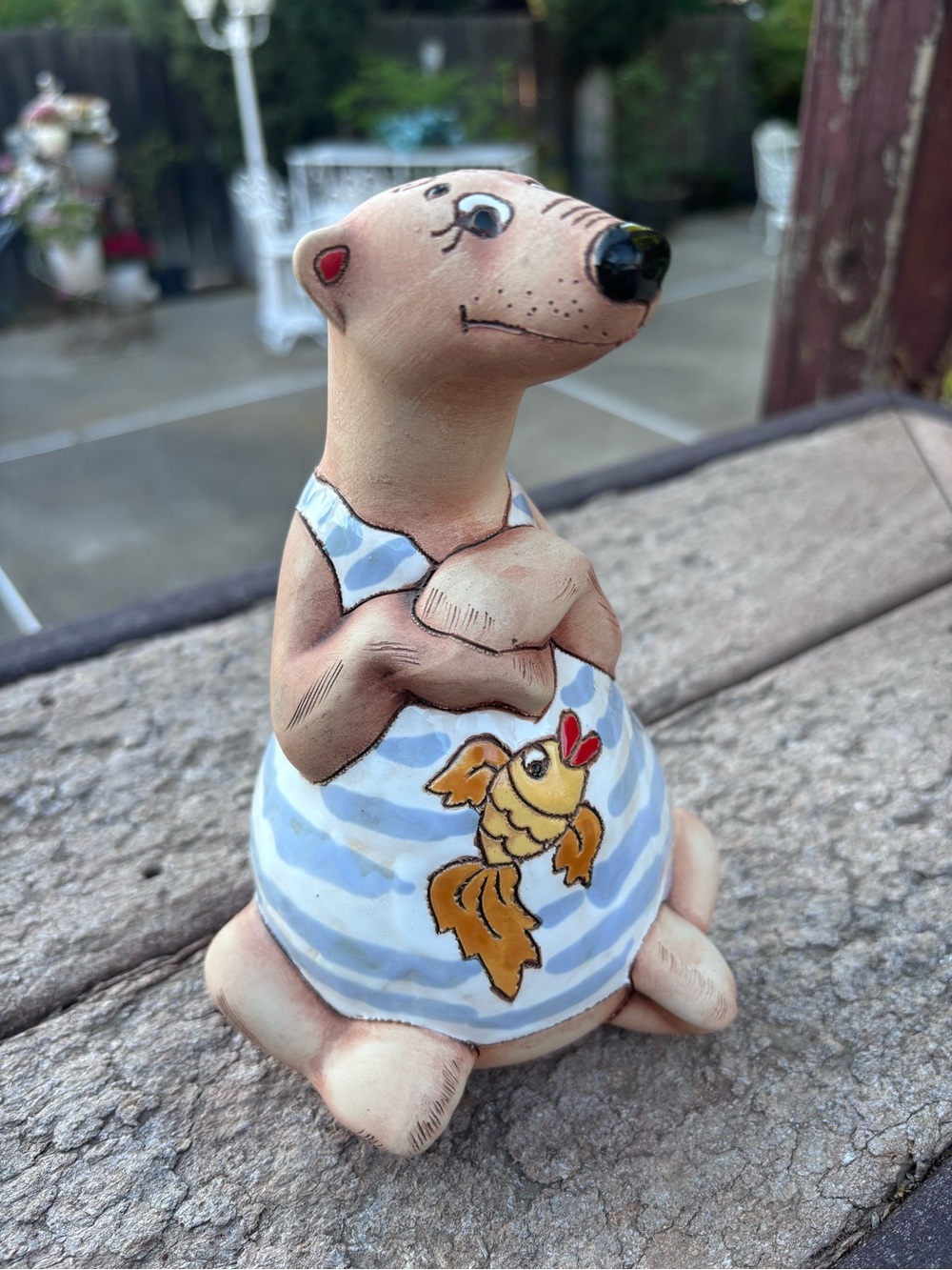 Hand-Painted Ceramic Otter Figurine in Blue Stripes